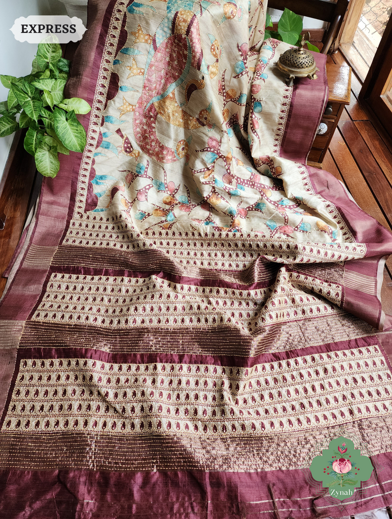 Beige & Dark Brown Jute Linen Saree With Kantha Work & Kalamkari Print