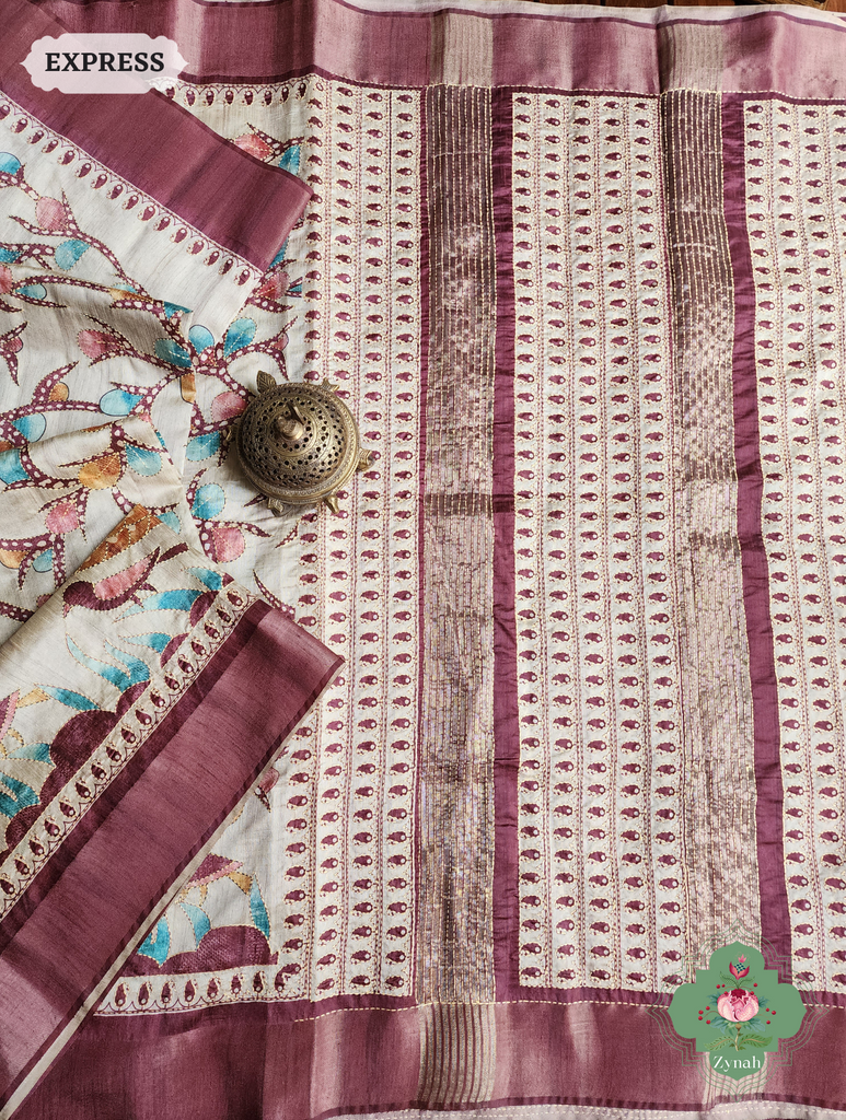 Beige & Dark Brown Jute Linen Saree With Kantha Work & Kalamkari Print