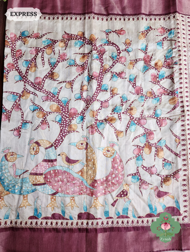 Beige & Dark Brown Jute Linen Saree With Kantha Work & Kalamkari Print