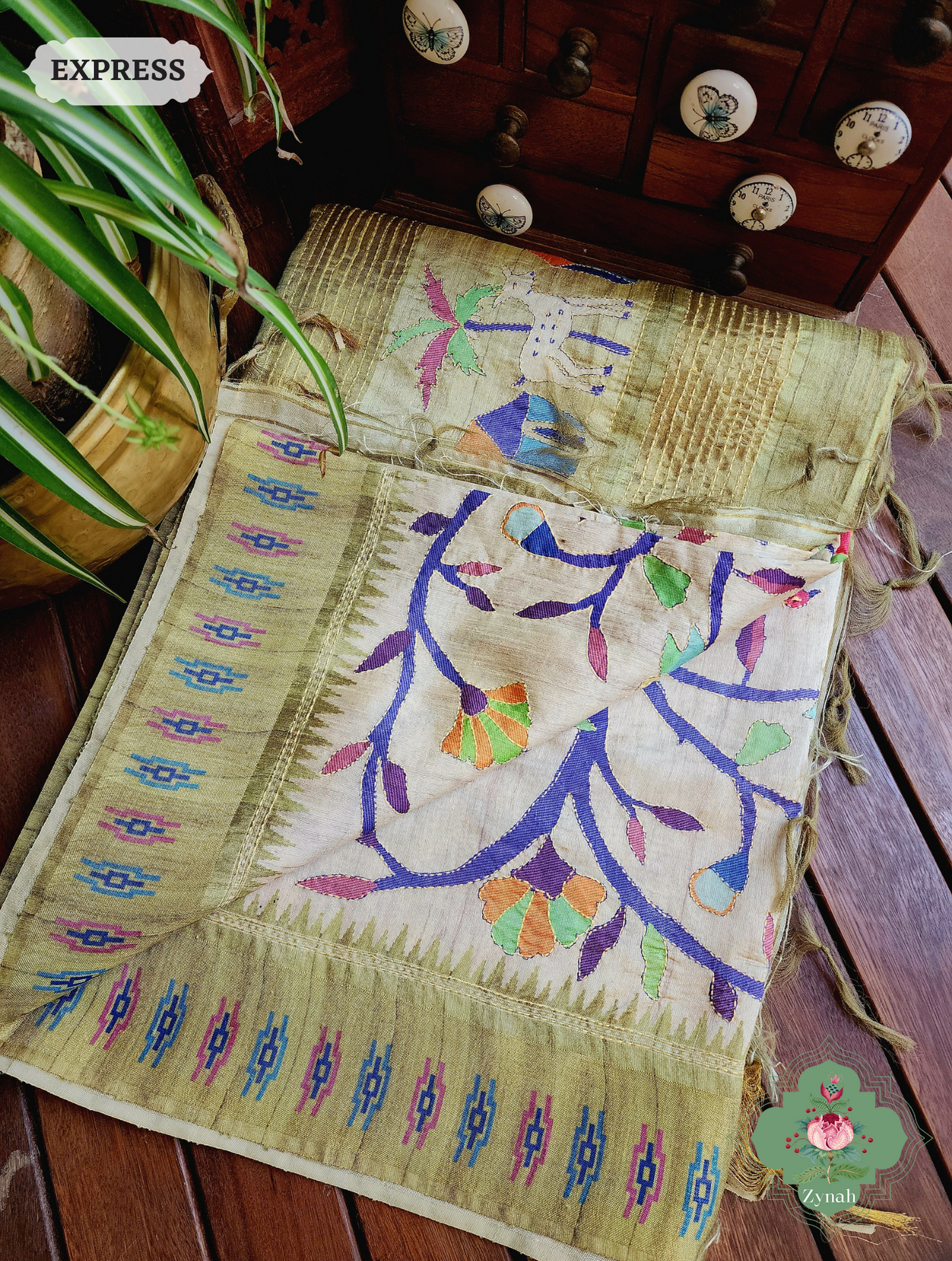 Beige & Green Jute Linen Saree With Kantha Work & Nature Motifs