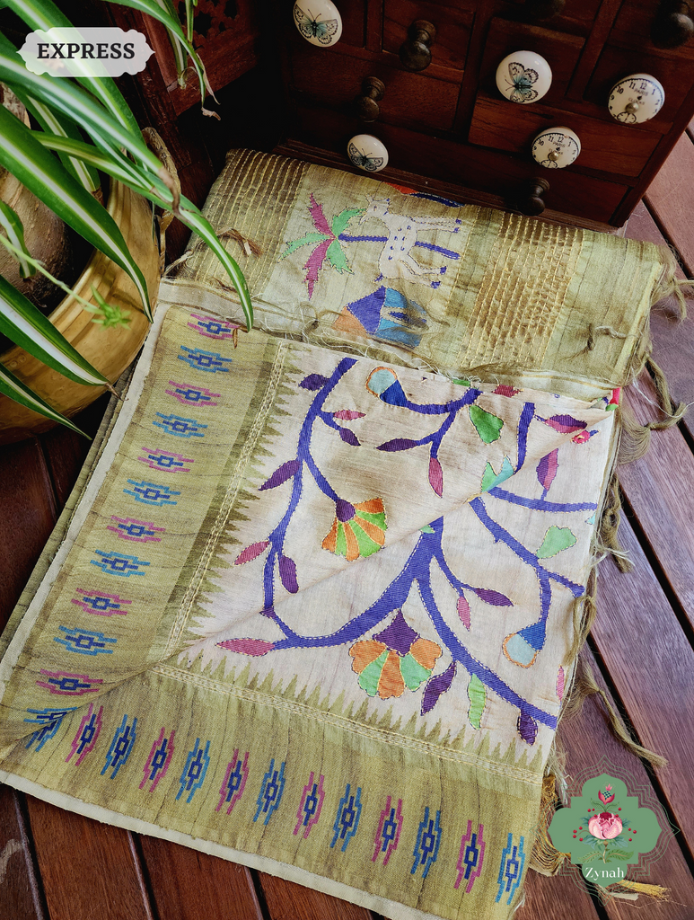 Beige & Green Jute Linen Saree With Kantha Work & Nature Motifs