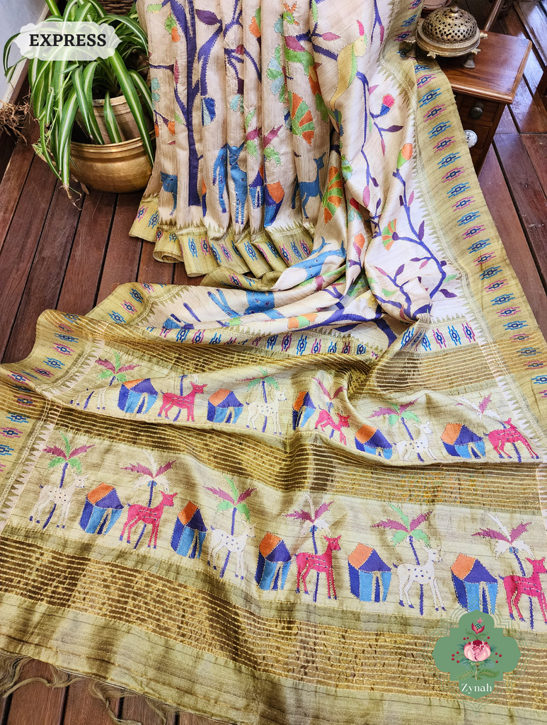 Beige & Green Jute Linen Saree With Kantha Work & Nature Motifs