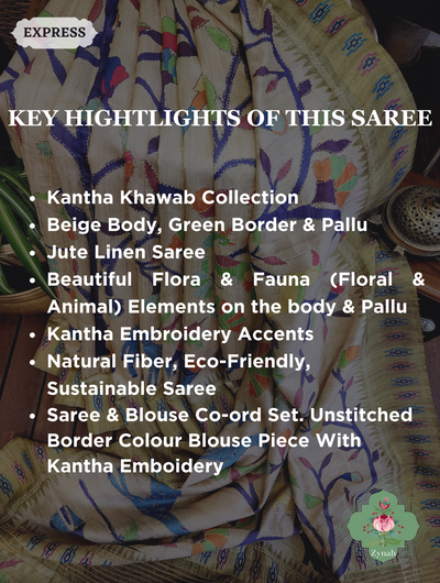 Beige & Green Jute Linen Saree With Kantha Work & Nature Motifs