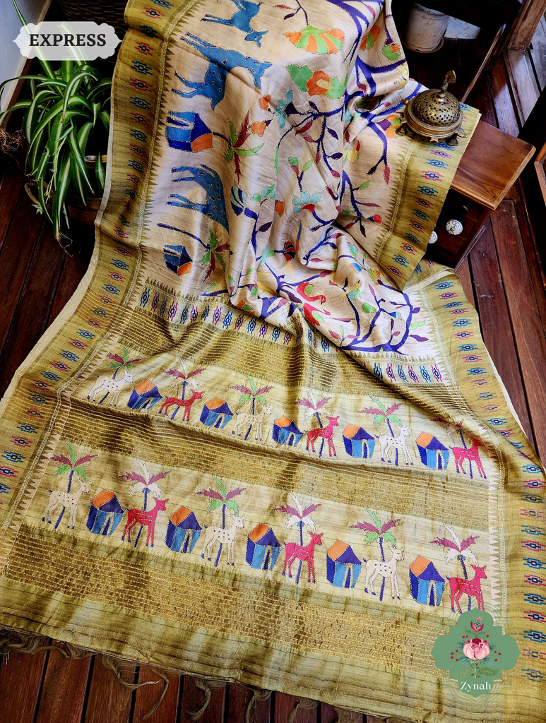 Beige & Green Jute Linen Saree With Kantha Work & Nature Motifs