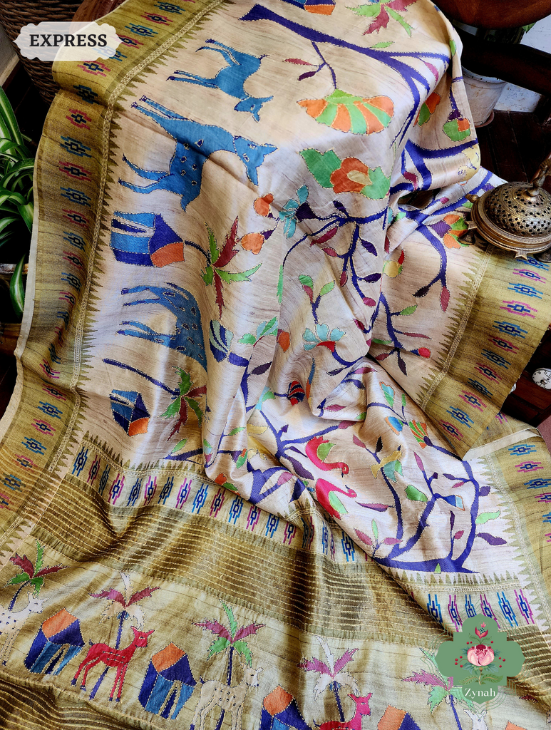Beige & Green Jute Linen Saree With Kantha Work & Nature Motifs