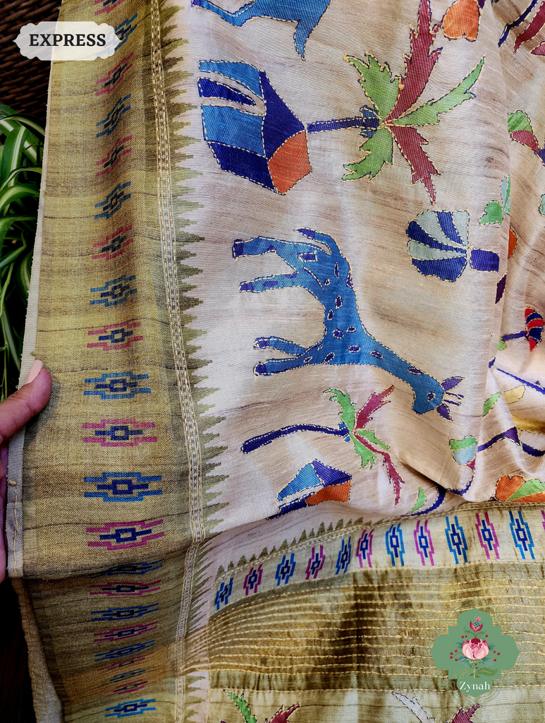 Beige & Green Jute Linen Saree With Kantha Work & Nature Motifs