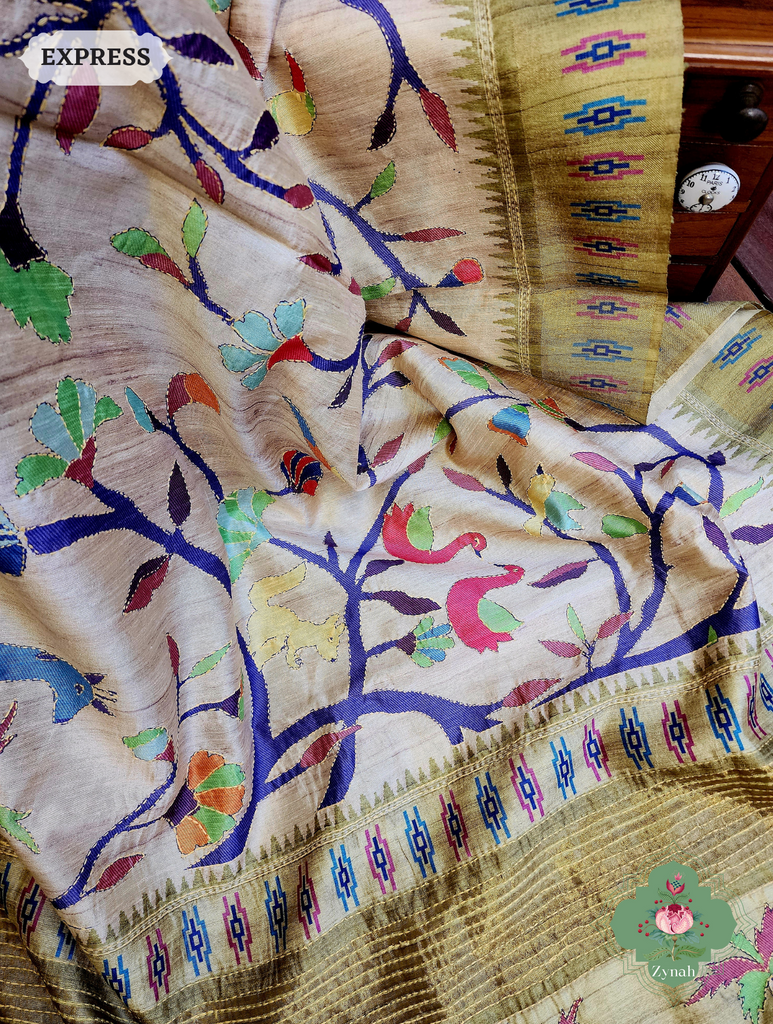 Beige & Green Jute Linen Saree With Kantha Work & Nature Motifs
