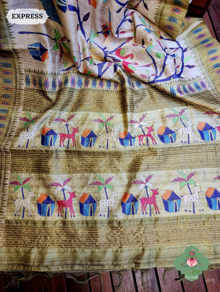 Beige & Green Jute Linen Saree With Kantha Work & Nature Motifs
