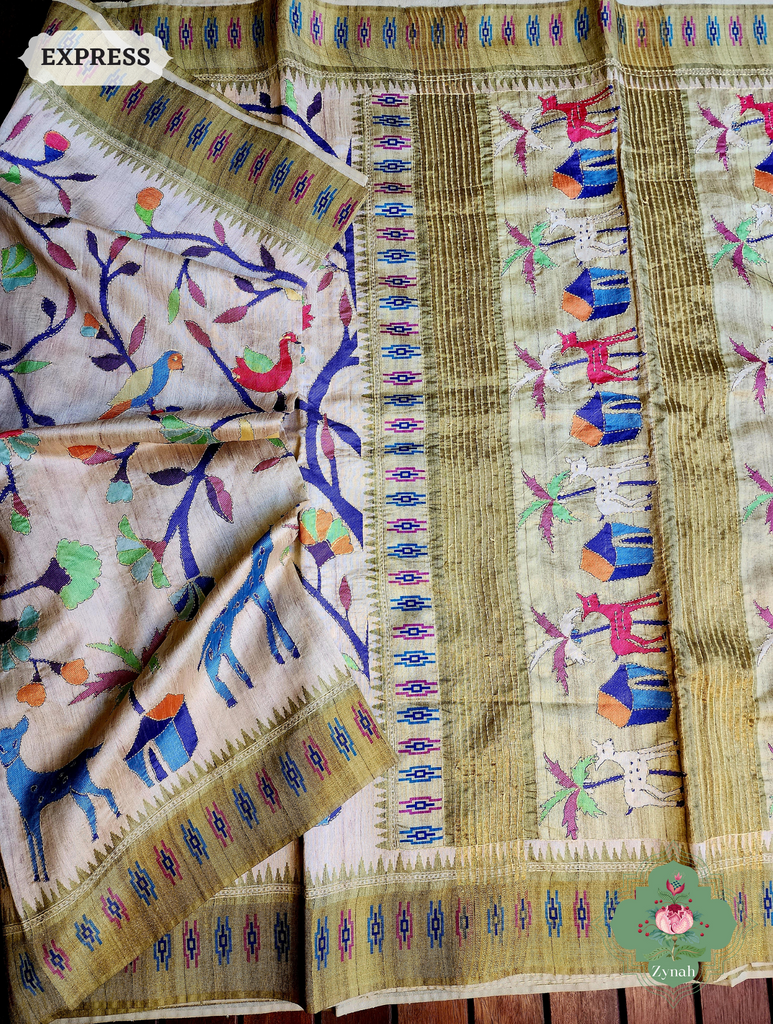 Beige & Green Jute Linen Saree With Kantha Work & Nature Motifs