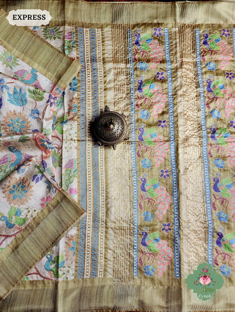 Beige & Green Jute Linen Saree With Kantha Work & Mayura Motifs