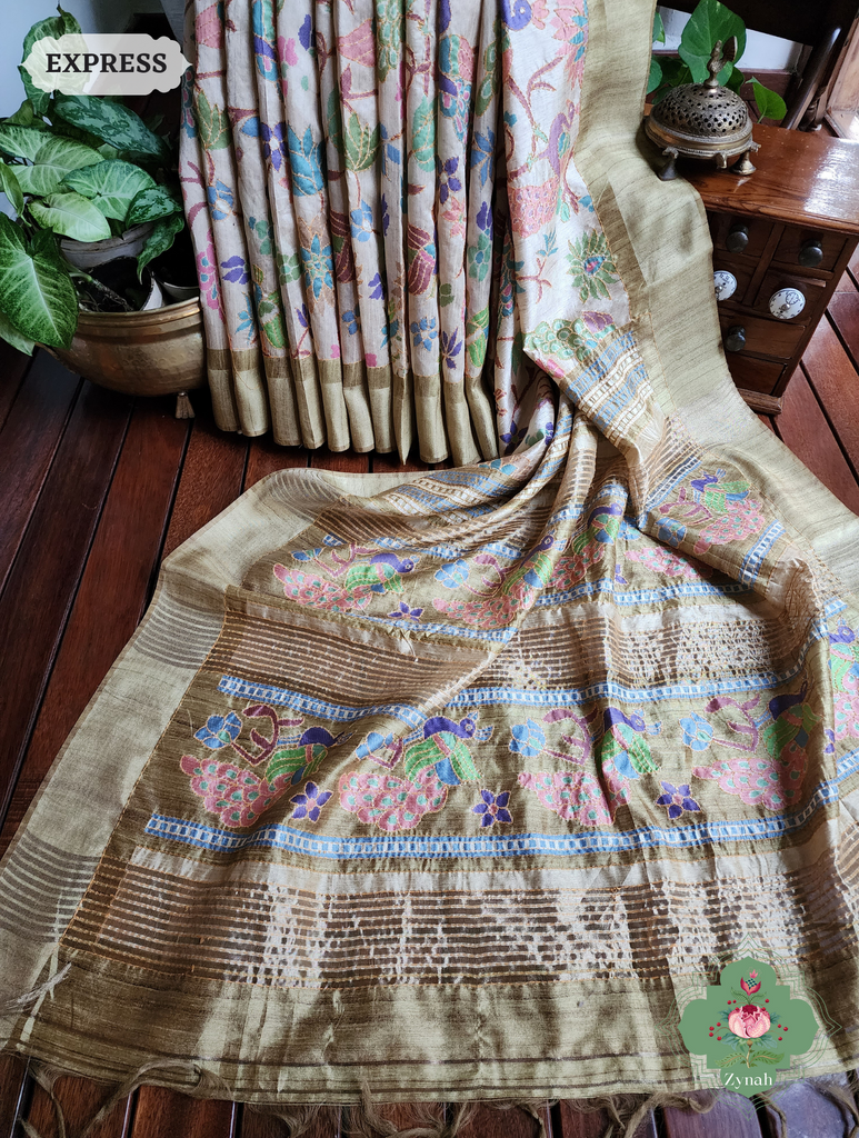 Beige & Green Jute Linen Saree With Kantha Work & Mayura Motifs