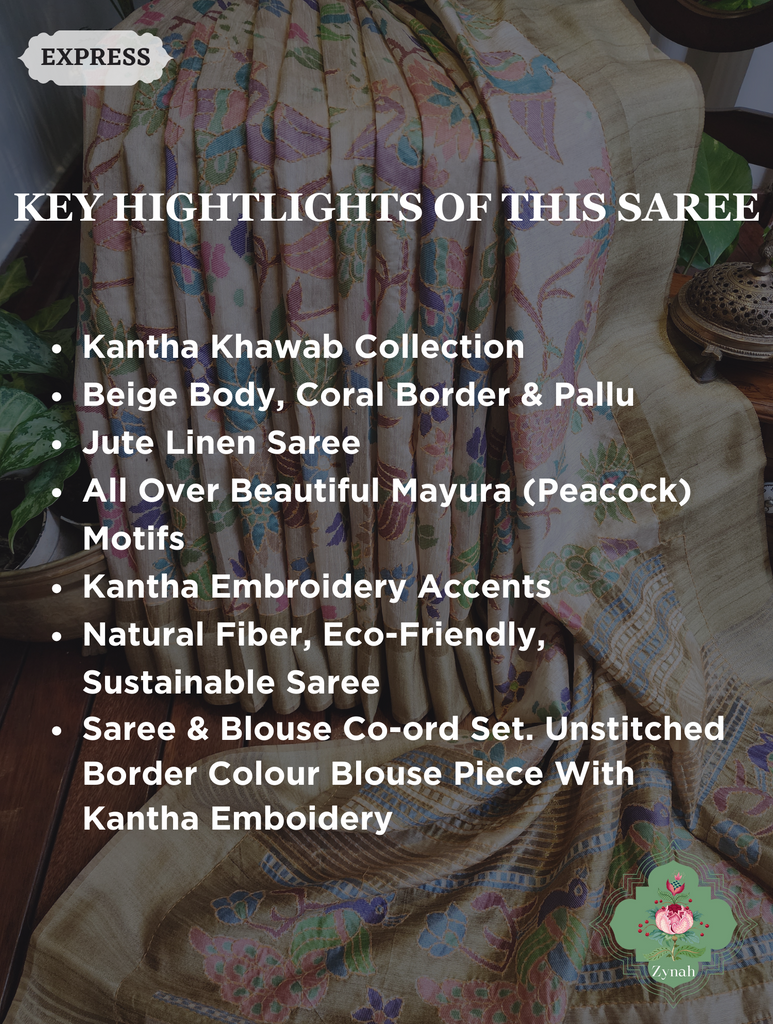 Beige & Green Jute Linen Saree With Kantha Work & Mayura Motifs