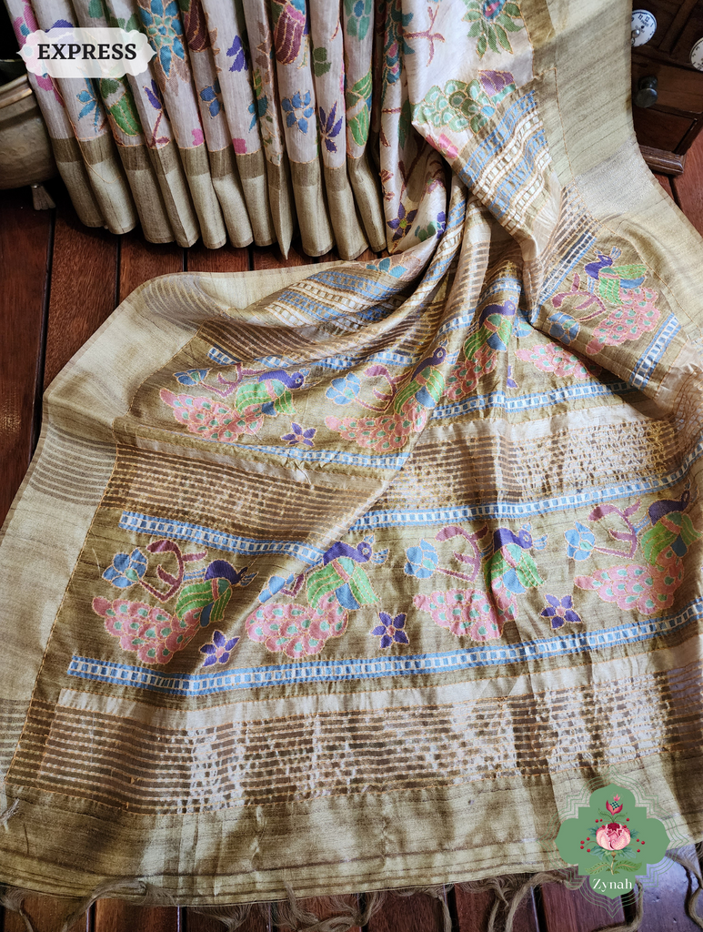 Beige & Green Jute Linen Saree With Kantha Work & Mayura Motifs