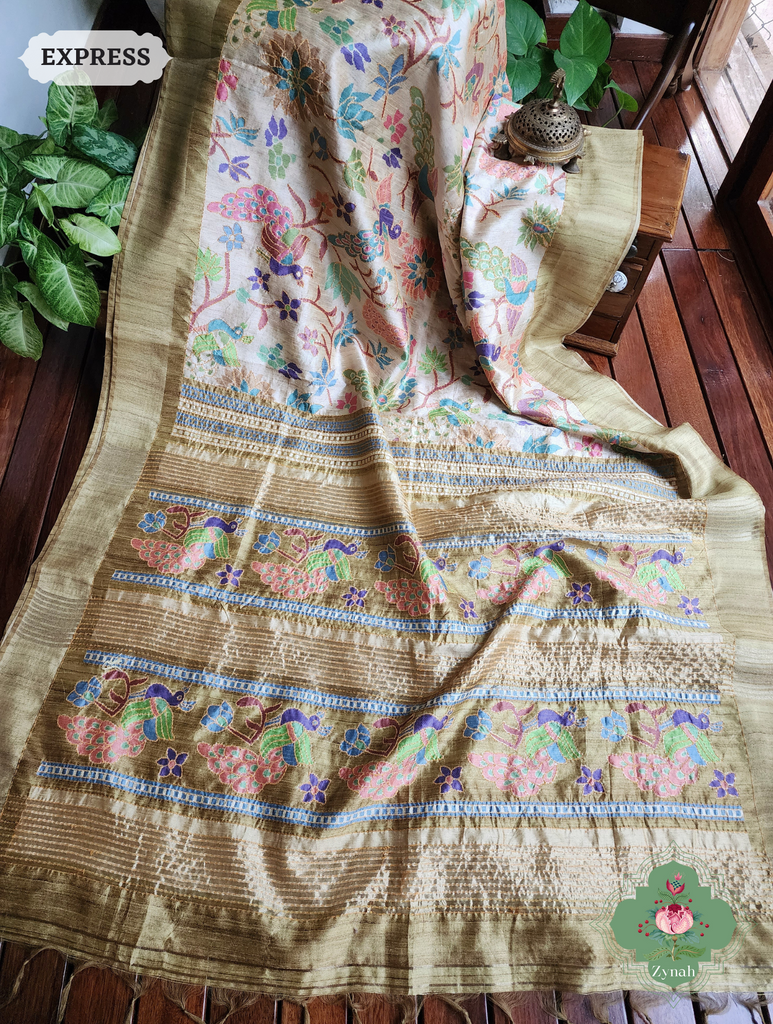 Beige & Green Jute Linen Saree With Kantha Work & Mayura Motifs
