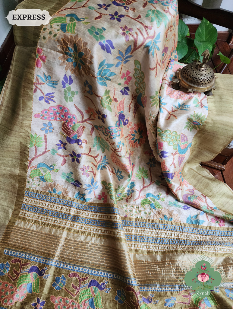 Beige & Green Jute Linen Saree With Kantha Work & Mayura Motifs