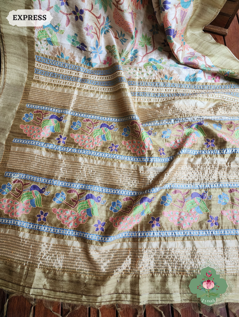 Beige & Green Jute Linen Saree With Kantha Work & Mayura Motifs