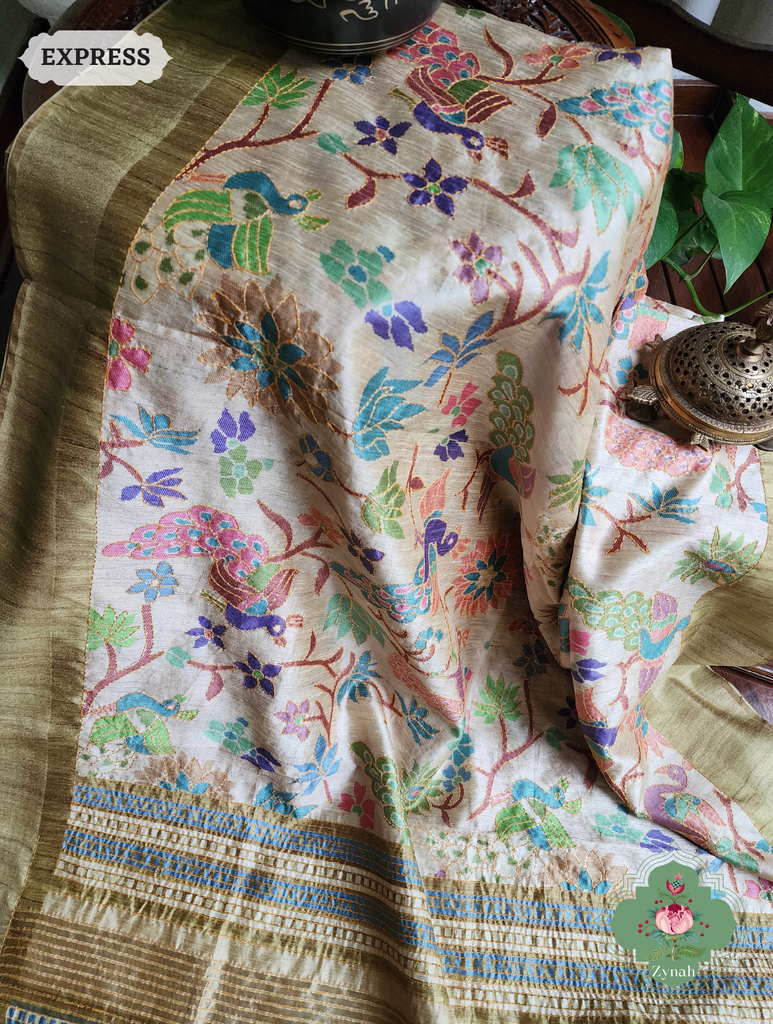 Beige & Green Jute Linen Saree With Kantha Work & Mayura Motifs