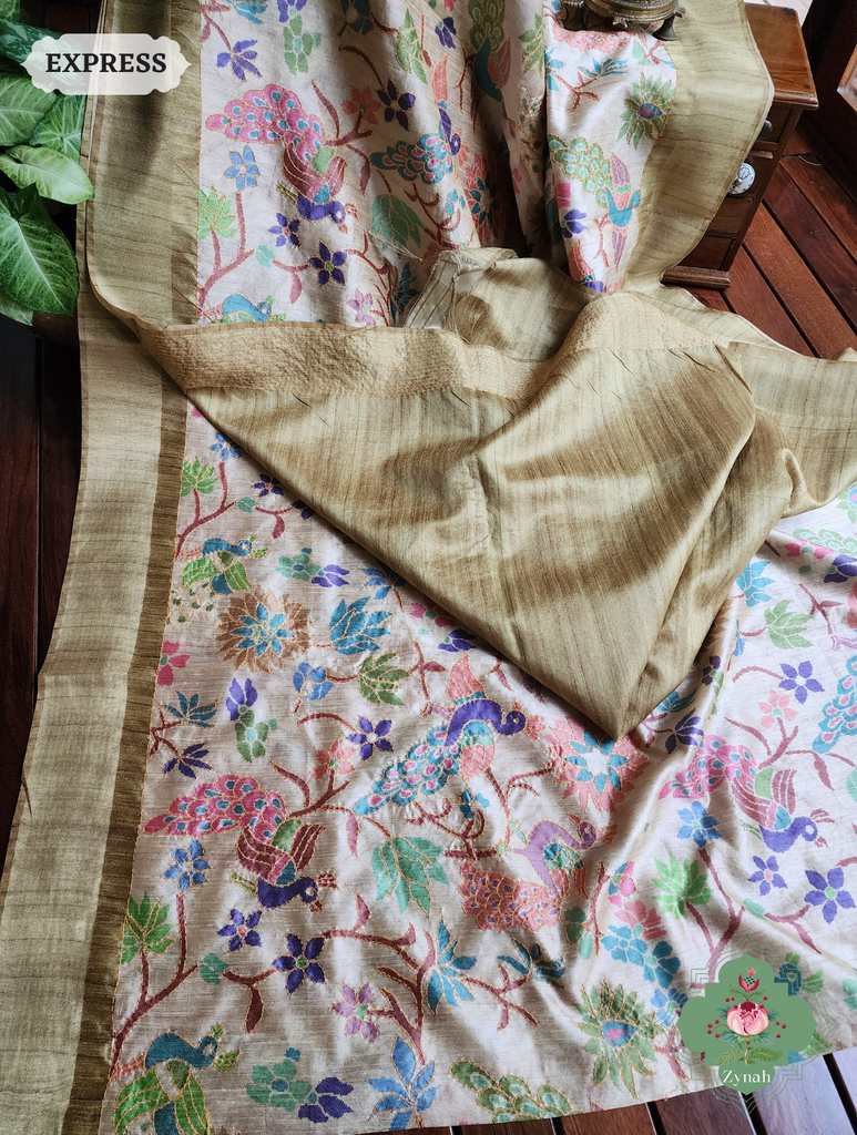 Beige & Green Jute Linen Saree With Kantha Work & Mayura Motifs