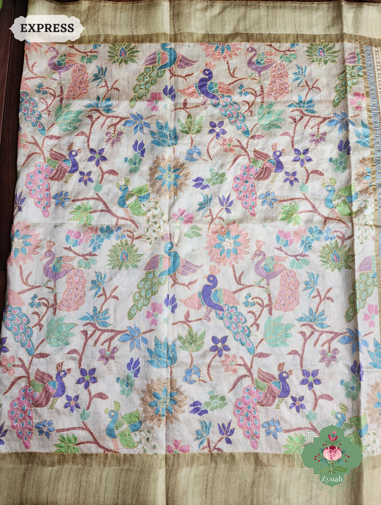 Beige & Green Jute Linen Saree With Kantha Work & Mayura Motifs