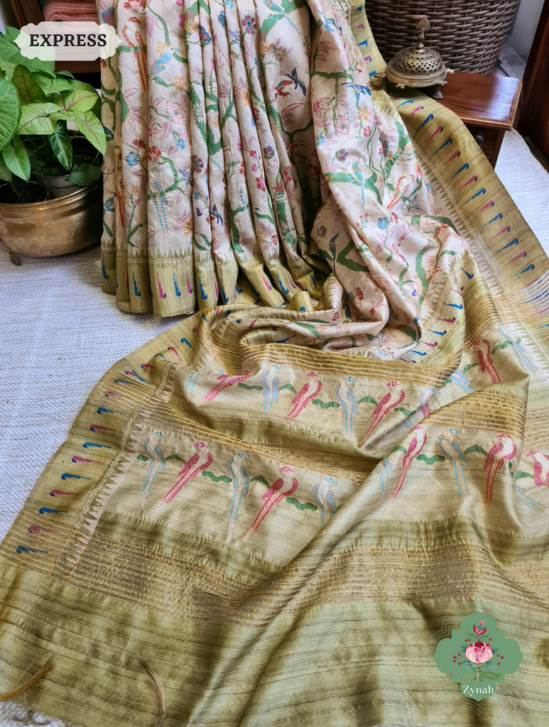 Beige & Green Jute Linen Saree With Kantha Work & Parrot Motifs