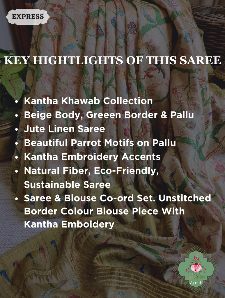 Beige & Green Jute Linen Saree With Kantha Work & Parrot Motifs