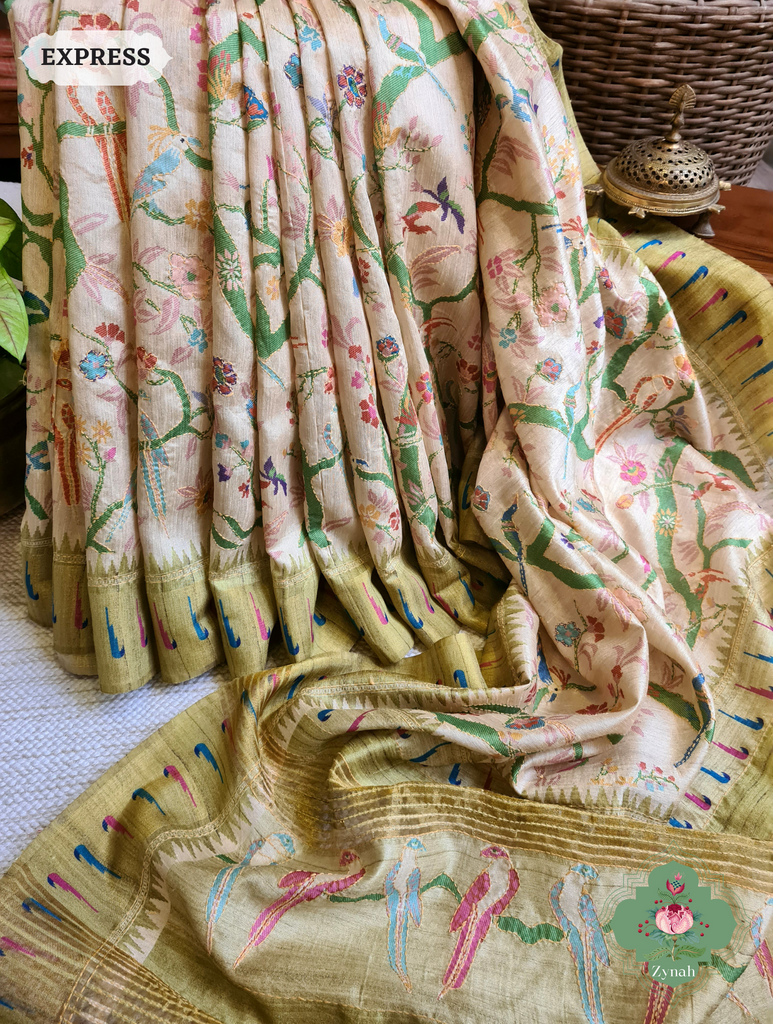 Beige & Green Jute Linen Saree With Kantha Work & Parrot Motifs