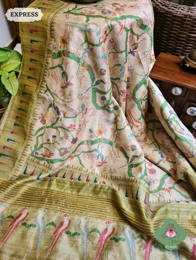 Beige & Green Jute Linen Saree With Kantha Work & Parrot Motifs