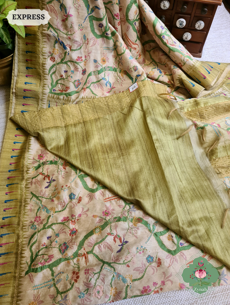 Beige & Green Jute Linen Saree With Kantha Work & Parrot Motifs