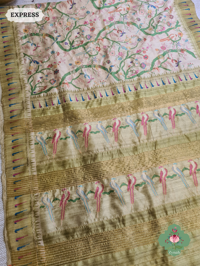 Beige & Green Jute Linen Saree With Kantha Work & Parrot Motifs