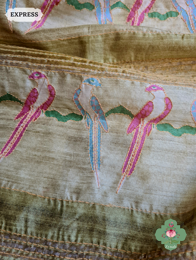 Beige & Green Jute Linen Saree With Kantha Work & Parrot Motifs