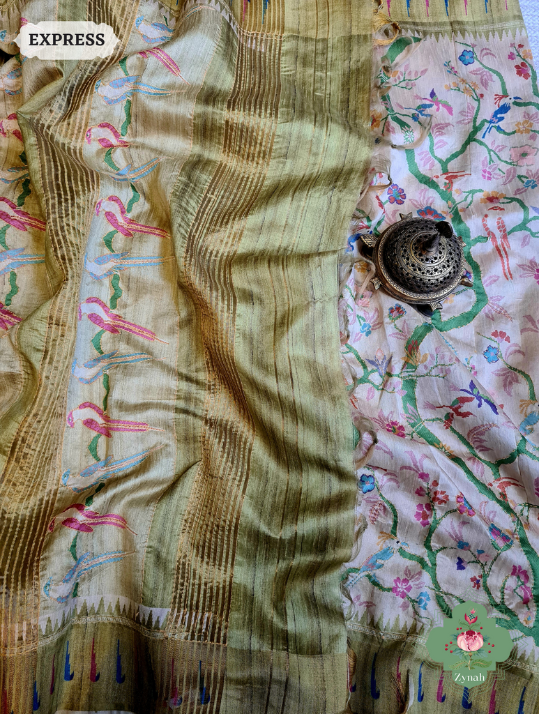 Beige & Green Jute Linen Saree With Kantha Work & Parrot Motifs