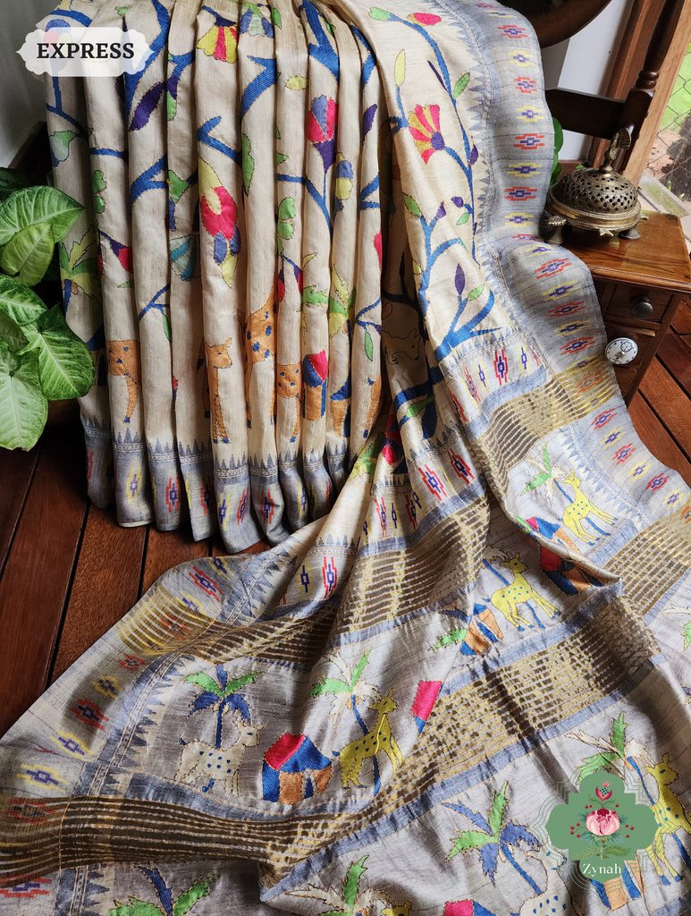 Beige & Grey Jute Linen Saree With Kantha Work & Nature Motifs