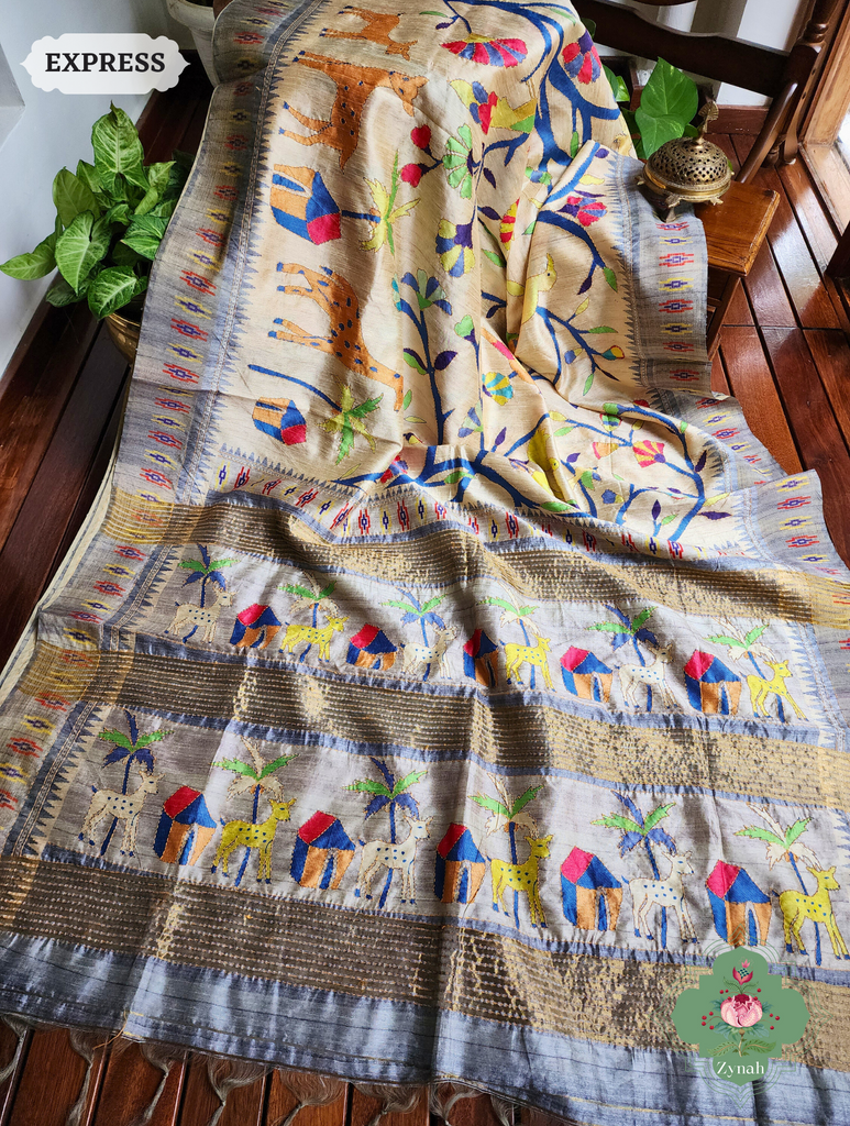Beige & Grey Jute Linen Saree With Kantha Work & Nature Motifs