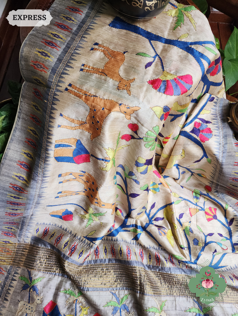Beige & Grey Jute Linen Saree With Kantha Work & Nature Motifs