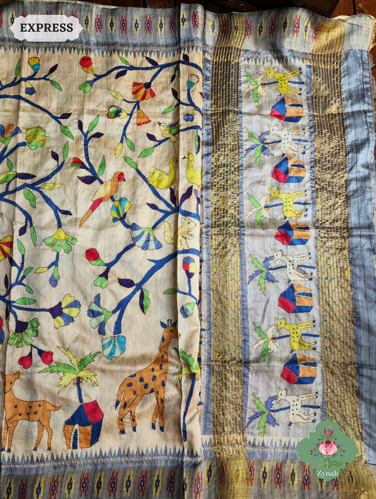 Beige & Grey Jute Linen Saree With Kantha Work & Nature Motifs