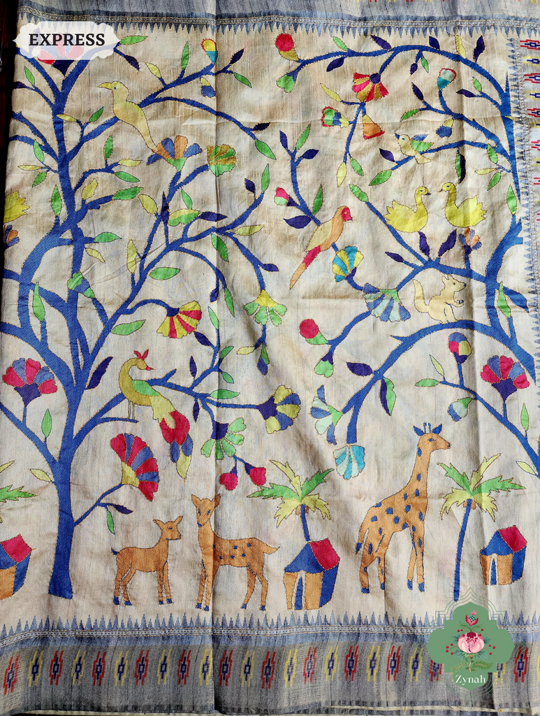 Beige & Grey Jute Linen Saree With Kantha Work & Nature Motifs