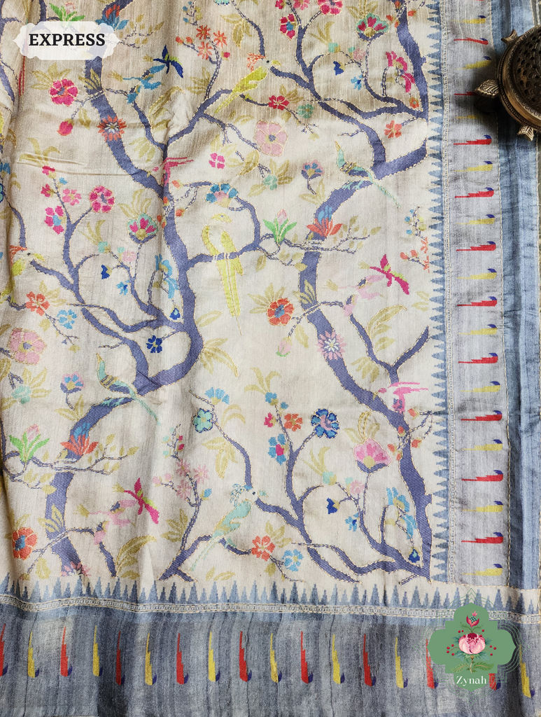 Beige & Grey Jute Linen Saree With Kantha Work Parrot Motifs