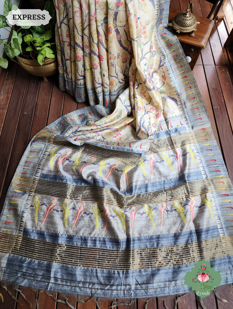Beige & Grey Jute Linen Saree With Kantha Work Parrot Motifs
