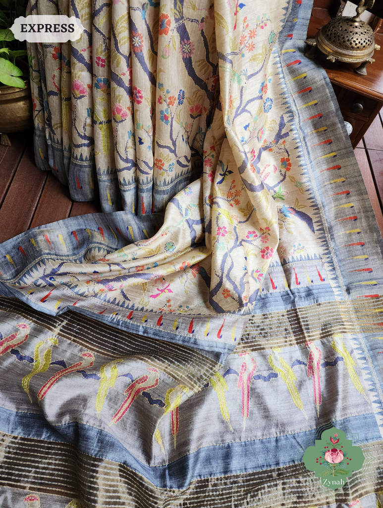 Beige & Grey Jute Linen Saree With Kantha Work Parrot Motifs