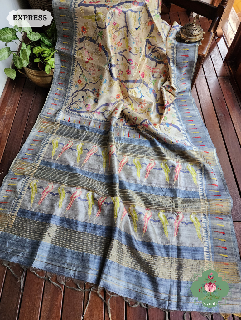 Beige & Grey Jute Linen Saree With Kantha Work Parrot Motifs