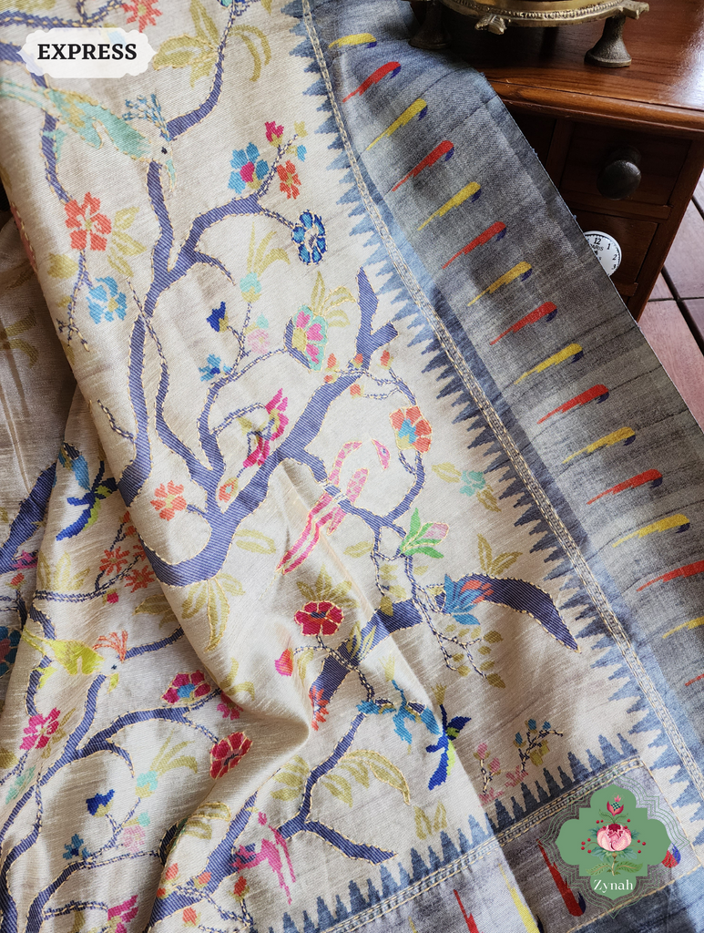 Beige & Grey Jute Linen Saree With Kantha Work Parrot Motifs