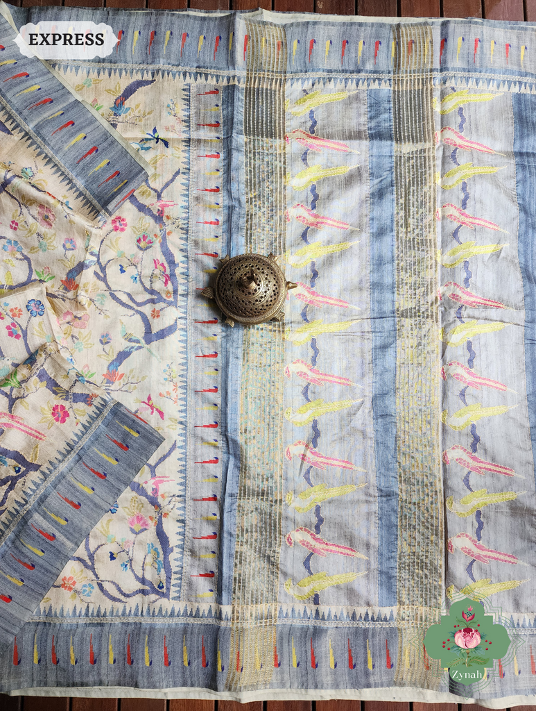 Beige & Grey Jute Linen Saree With Kantha Work Parrot Motifs