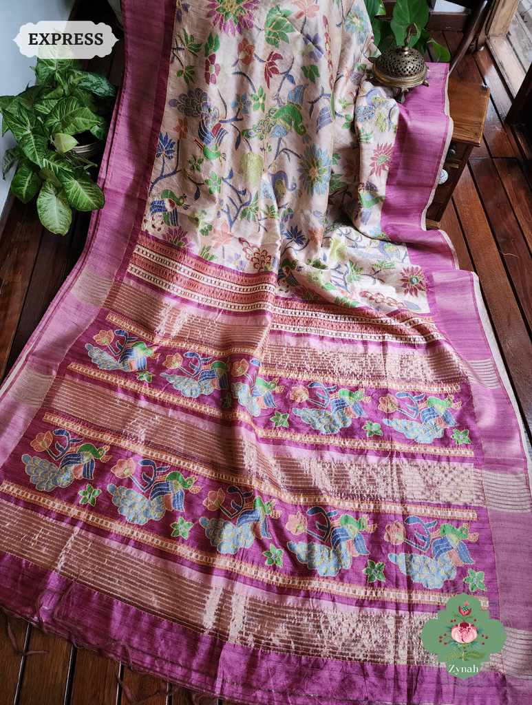 Beige & Magenta Jute Linen Saree With Kantha Work & Mayura Motifs