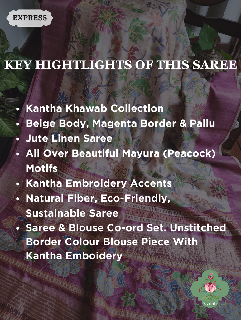 Beige & Magenta Jute Linen Saree With Kantha Work & Mayura Motifs
