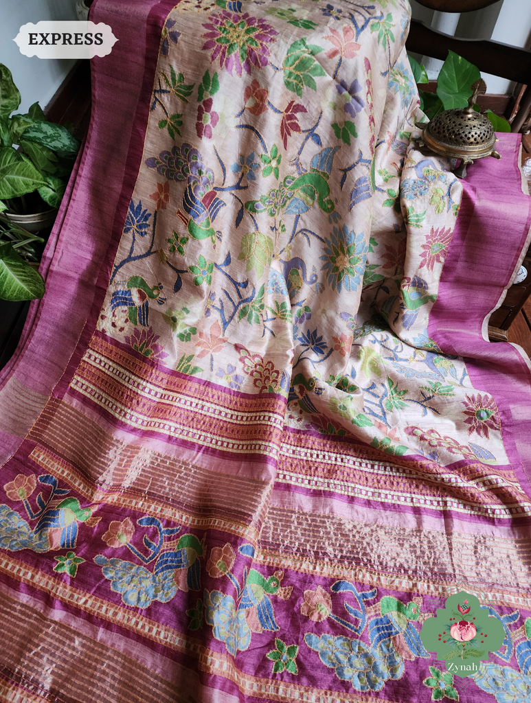 Beige & Magenta Jute Linen Saree With Kantha Work & Mayura Motifs