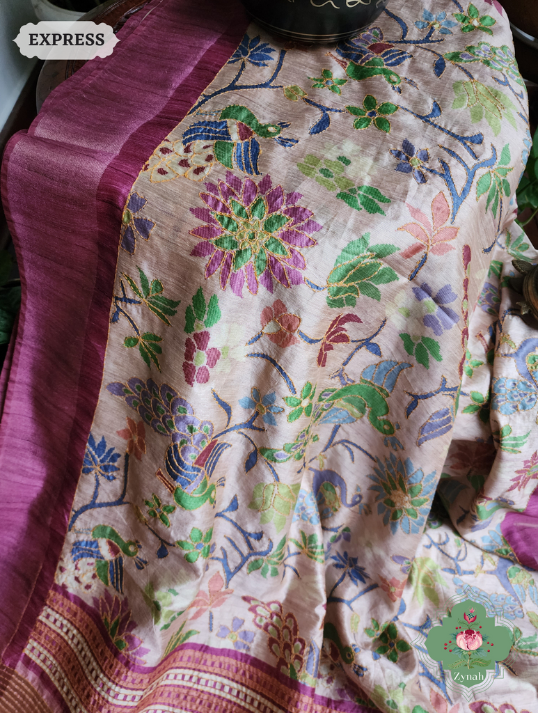 Beige & Magenta Jute Linen Saree With Kantha Work & Mayura Motifs