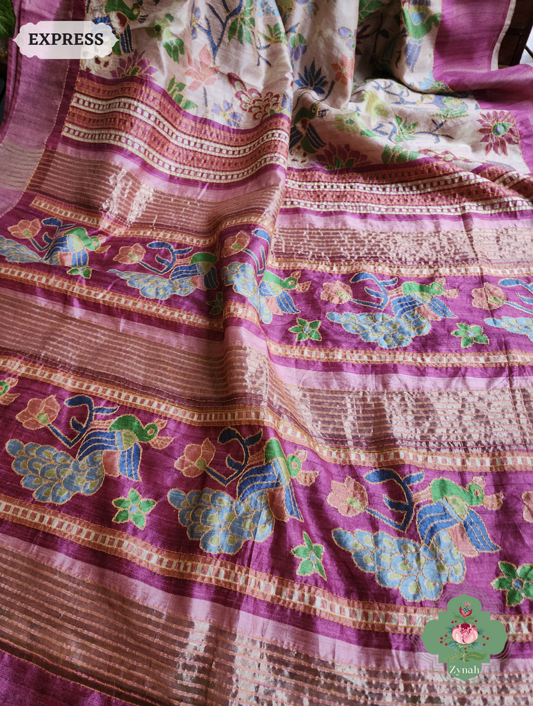 Beige & Magenta Jute Linen Saree With Kantha Work & Mayura Motifs