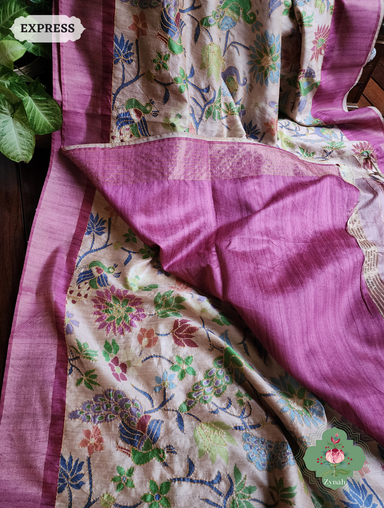 Beige & Magenta Jute Linen Saree With Kantha Work & Mayura Motifs