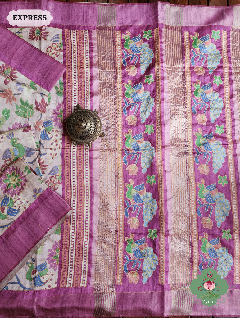 Beige & Magenta Jute Linen Saree With Kantha Work & Mayura Motifs