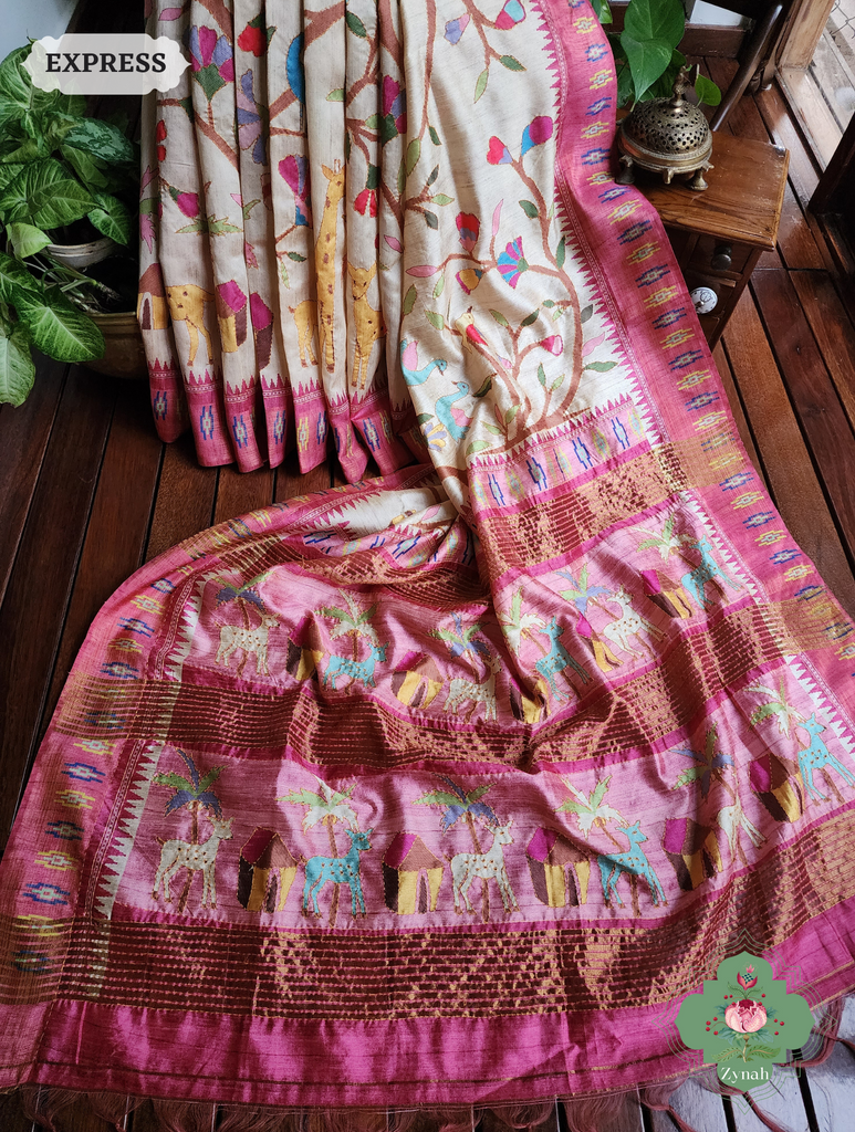 Beige & Pink Jute Linen Saree With Kantha Work &Flora & Fauna Motifs